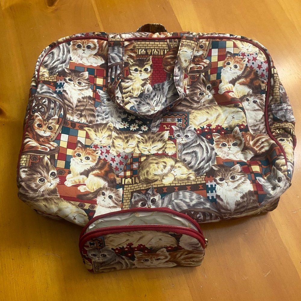 Ted Lapidus Travel Cosmetic Bag with Matching Purse Pouch Cat Print